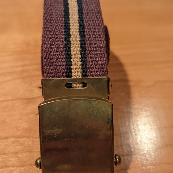Fabric retro belt in plum, blue and tan with metal buckle. Made in the USA - Picture 2 of 3